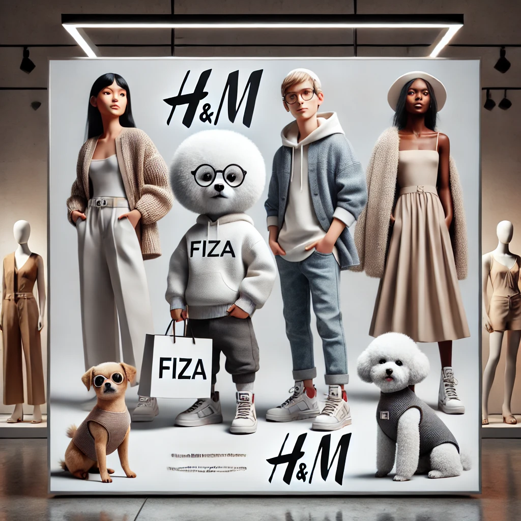 بنر مد H&M شامل پتی، یک سگ بیچون فریزه مدرن و ماجراجو، با لباس‌های انسان‌گونه شیک و در حال حمل کیف خرید با لوگوی فیزا. در کنار پتی، مدل‌های متنوعی که جدیدترین مجموعه H&M را پوشیده‌اند، دیده می‌شوند. پس‌زمینه تصویر یک منظره شهری مینیمالیست یا یک فروشگاه مدرن است. لوگوی بزرگ H&M و شعار "مد برای همه" به وضوح نمایش داده شده‌اند.