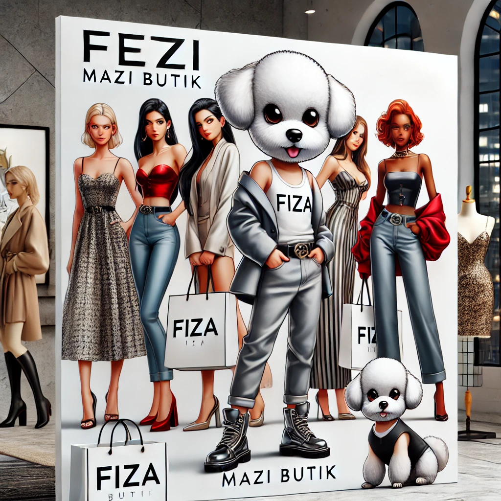 بنر مد Mazi Butik شامل پتی، یک سگ بیچون فریزه مدرن و ماجراجو، با لباس‌های انسان‌گونه شیک و در حال حمل کیف خرید با لوگوی فیزا. در کنار پتی، مدل‌های متنوعی که جدیدترین مجموعه مد زنانه Mazi Butik را پوشیده‌اند، دیده می‌شوند. پس‌زمینه تصویر یک منظره شهری مینیمالیست یا یک فروشگاه مدرن است. لوگوی بزرگ Mazi Butik و شعار "مد برای همه" به وضوح نمایش داده شده‌اند.