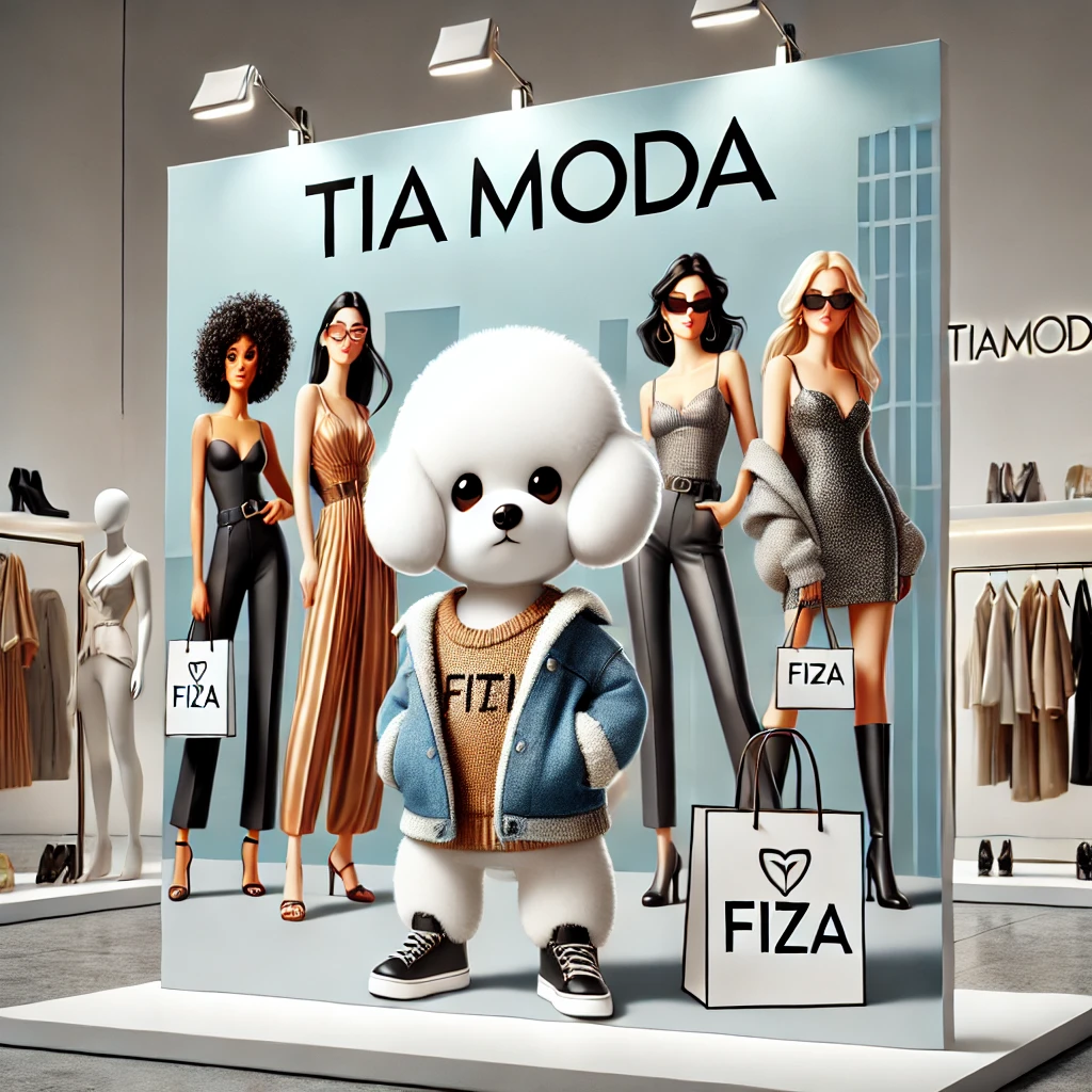 بنر مد TiaModa شامل پتی، یک سگ بیچون فریزه مدرن و ماجراجو، با لباس‌های انسان‌گونه شیک و در حال حمل کیف خرید با لوگوی فیزا. در کنار پتی، مدل‌های زنانه متنوعی که جدیدترین مجموعه مد زنانه TiaModa را پوشیده‌اند، دیده می‌شوند. پس‌زمینه تصویر یک منظره شهری مینیمالیست یا یک فروشگاه مدرن است. لوگوی بزرگ TiaModa و شعار "مد برای همه" به وضوح نمایش داده شده‌اند.