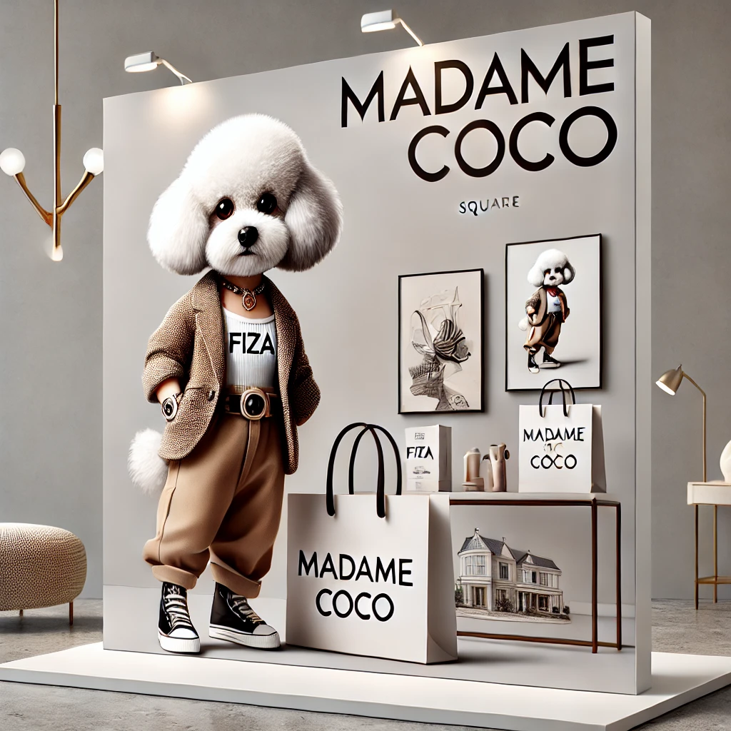 بنر مد Madame Coco شامل پتی، یک سگ بیچون فریزه مدرن و ماجراجو، با لباس‌های انسان‌گونه شیک و در حال حمل کیف خرید با لوگوی فیزا. در کنار پتی، نمایش محصولات خانگی متنوعی از جدیدترین مجموعه Madame Coco دیده می‌شود. پس‌زمینه تصویر یک اتاق نشیمن مینیمالیست و شیک است. لوگوی بزرگ Madame Coco و نام برند به وضوح نمایش داده شده‌اند.