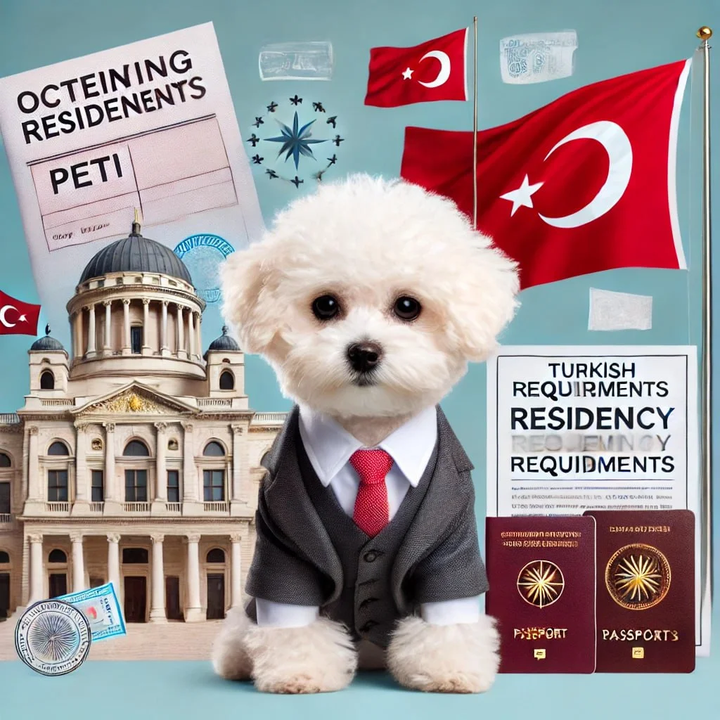 پتی سگ بیچون فریزه در لباس رسمی در کنار نمادهای شرایط اخذ اقامت در ترکیه