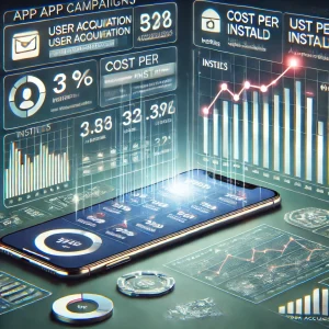 اسکرینشاتی از داشبورد App Campaigns که روند جذب کاربران، افزایش نصبهای اپلیکیشن، و متریکهای کلیدی مانند نصبها، هزینه به ازای نصب (CPI)، و نرخ تعامل کاربران را نشان میدهد.