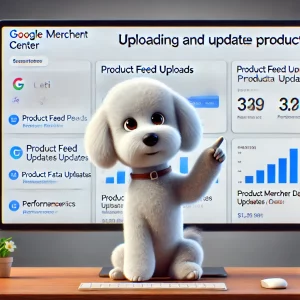 پتی، کاراکتر کارتونی فیزا، در حال تعامل با داشبورد Google Merchant Center و نمایش فرآیند آپلود و بهروزرسانی اطلاعات محصولات.