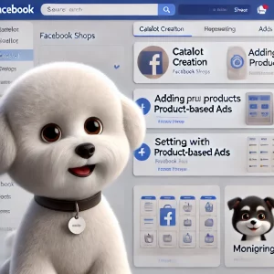 پتی، کاراکتر کارتونی فیزا، در حال تعامل با داشبورد Facebook Shops و نمایش فرآیند ایجاد کاتالوگ و مدیریت تبلیغات محصول محور.