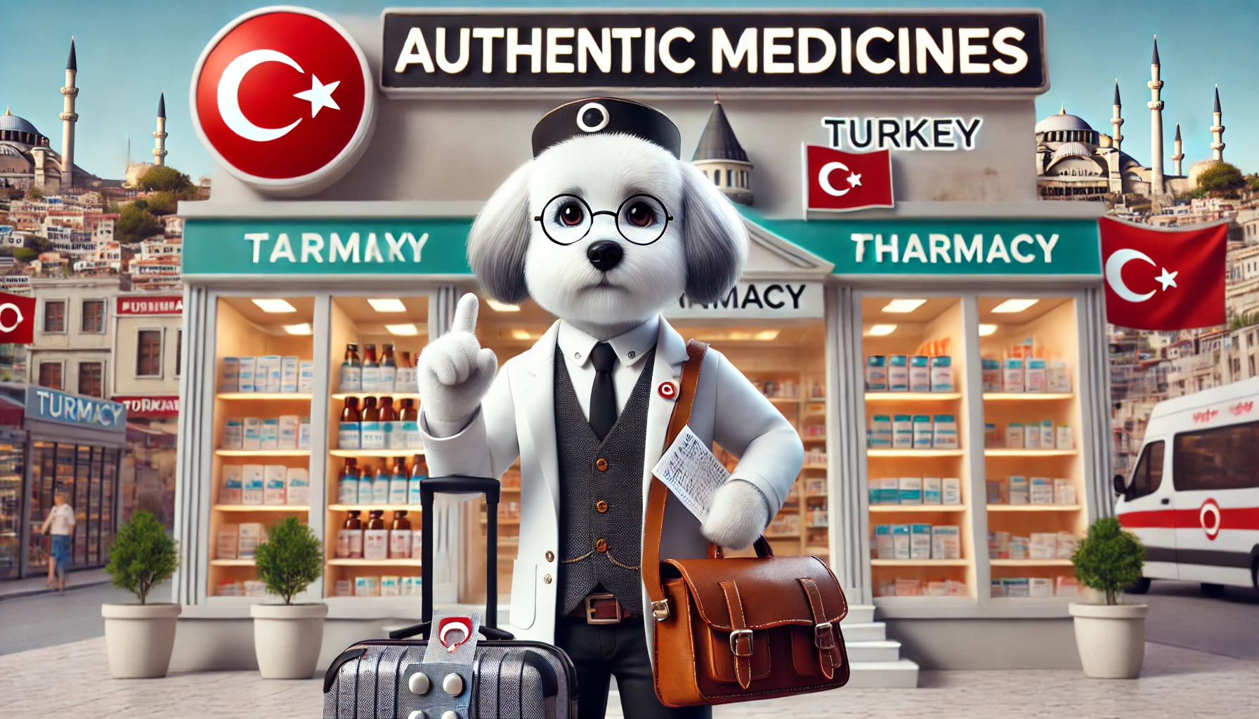 پتی، سگ بیچون فریزه، با ظاهری حرفه‌ای و کیف پزشکی در دست، جلوی یک داروخانه مدرن در ترکیه ایستاده است. او یک نسخه پزشکی را در دست دارد و به قفسه‌هایی پر از داروهای باکیفیت اشاره می‌کند. پس‌زمینه شامل نمایی از شهر ترکیه و نشانه‌هایی از خرید داروی اورجینال است.