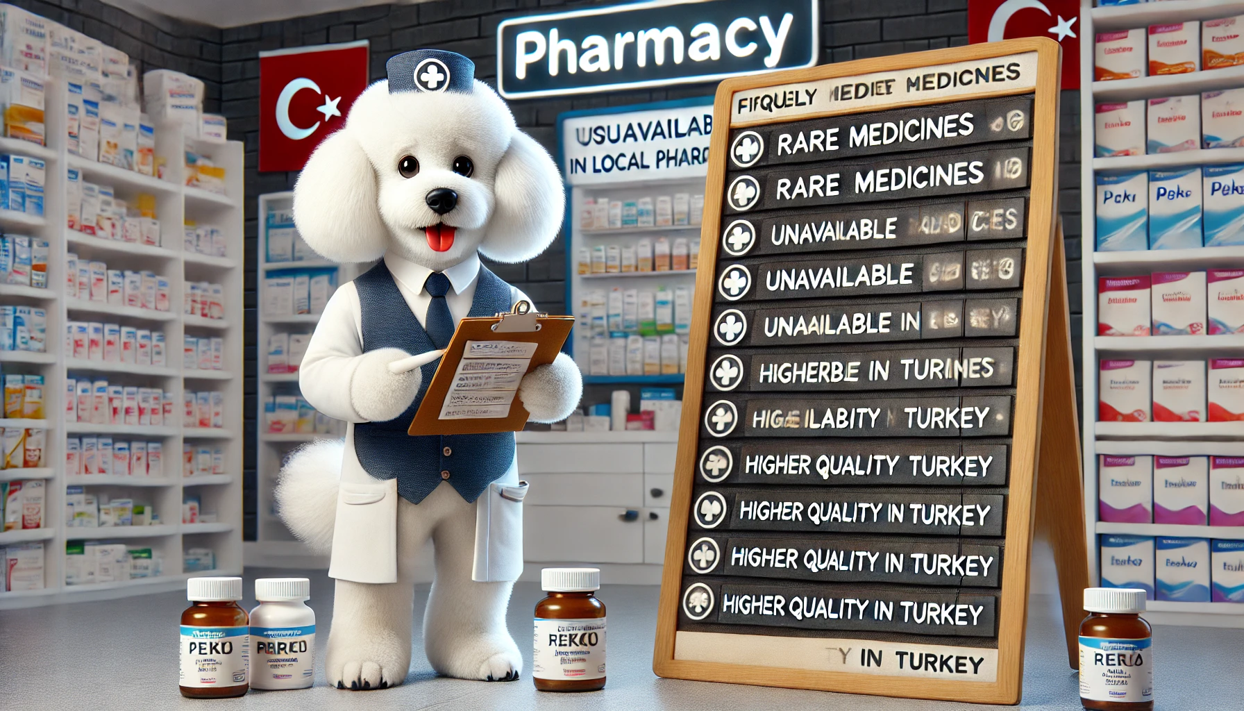 پتی، سگ بیچون فریزه، با لباس یک داروساز حرفه‌ای در مقابل یک تخته نمایش ایستاده است. روی این تخته، فهرستی از داروهایی که مشتریان بیشترین درخواست را برای آن‌ها داشته‌اند، نمایش داده شده است. برخی از برچسب‌های روی تخته شامل 'داروهای کمیاب'، 'غیرقابل‌دسترسی در داروخانه‌های محلی' و 'کیفیت بالاتر در ترکیه' هستند. پتی یک دفترچه یادداشت در دست دارد و به دلایل مهم تهیه دارو از ترکیه اشاره می‌کند. پس‌زمینه شامل قفسه‌های یک داروخانه مدرن با داروهای مختلف است که حس اعتماد و خدمات مشتری‌مدار را القا می‌کند.