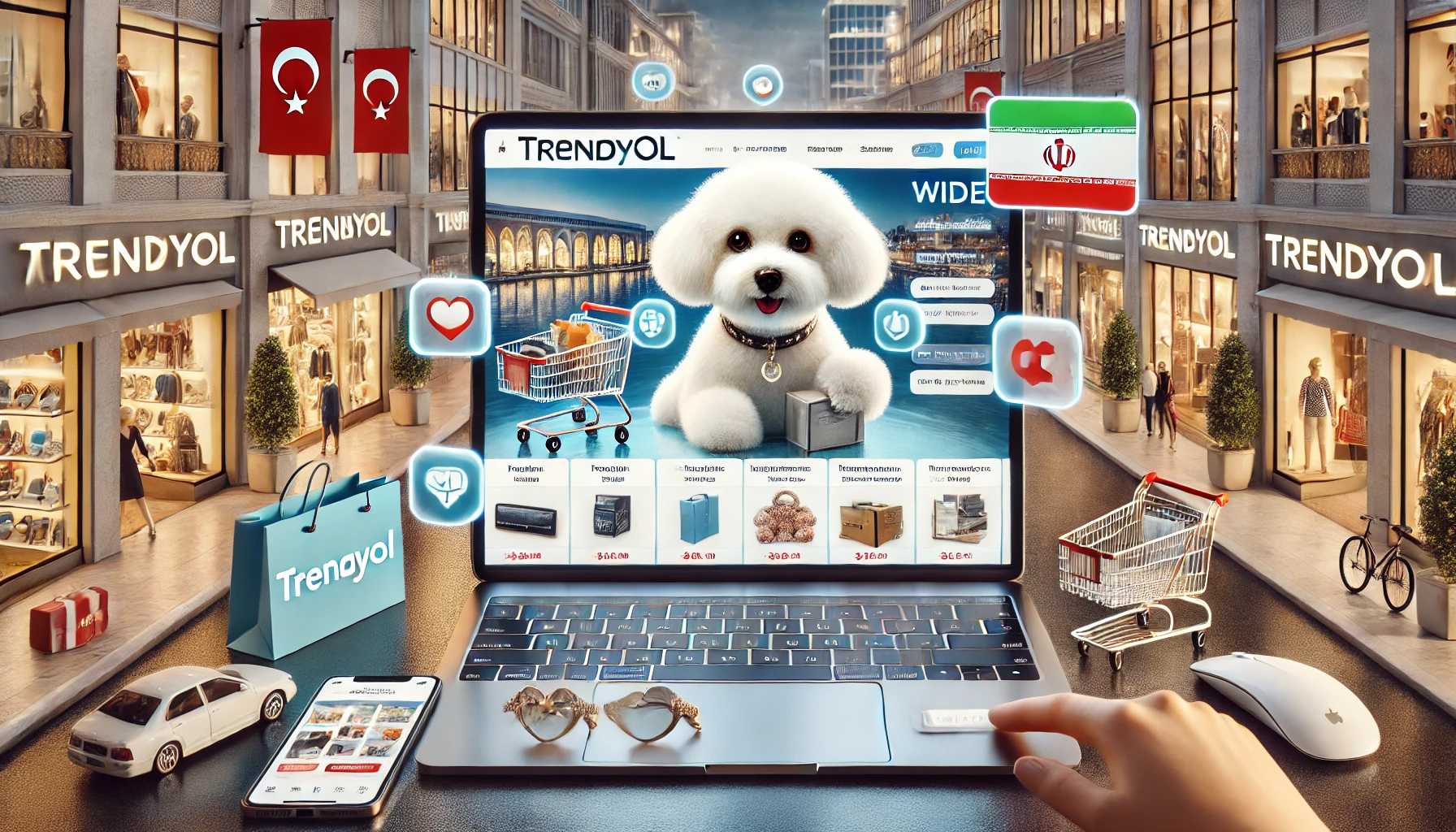 پتی، سگ بیچون فریزه استایل‌دار، در حال مرور سایت Trendyol روی لپ‌تاپ مدرن خود. صفحه نمایش لپ‌تاپ دسته‌بندی‌هایی مانند مد، الکترونیک و لوازم خانگی را نشان می‌دهد. اطراف او نمادهای مزایای خرید از ترندیول، شامل تخفیف‌ها، ارسال بین‌المللی و پرداخت امن دیده می‌شود. در پس‌زمینه، یک منطقه خرید مدرن ترکیه‌ای با برندینگ ترندیول وجود دارد.