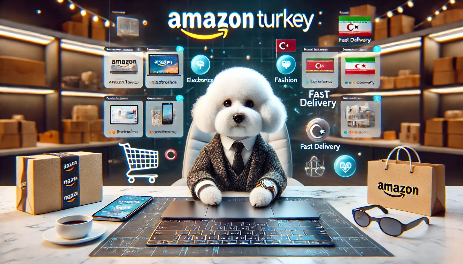 پتی، سگ بیچون فریزه استایل‌دار، در حال مرور سایت آمازون ترکیه روی لپ‌تاپ مدرن خود. صفحه نمایش لپ‌تاپ دسته‌بندی‌هایی مانند الکترونیک، مد و لوازم خانگی را نشان می‌دهد. اطراف او نمادهای مزایای خرید از آمازون ترکیه، شامل تخفیف‌ها، ارسال سریع و پرداخت امن دیده می‌شود. در پس‌زمینه، یک بازار مدرن ترکیه‌ای با هویت برند آمازون ترکیه نمایش داده شده است.