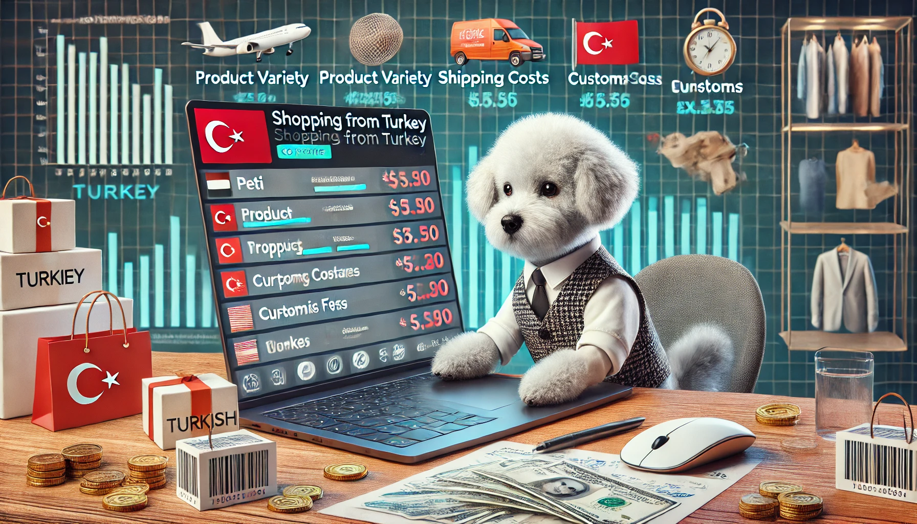 پتی، سگ بیچون فریزه استایل‌دار، در حال تحلیل هزینه‌ها و مزایای خرید از ترکیه روی لپ‌تاپ خود. صفحه نمایش لپ‌تاپ نشان‌دهنده مقایسه قیمت برندهای ترکیه‌ای و هزینه‌های خرید است. اطراف او نمادهایی مانند تنوع محصولات، هزینه حمل، گمرک و نرخ تبدیل ارز دیده می‌شود.